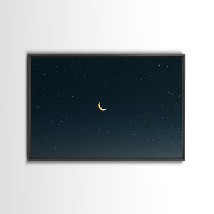 Minimal Crescent Moon Canvas Print, Teal Starry Sky, Celestial Night Landscape, Modern Wall Decor, Bedroom Poster Gift Idea