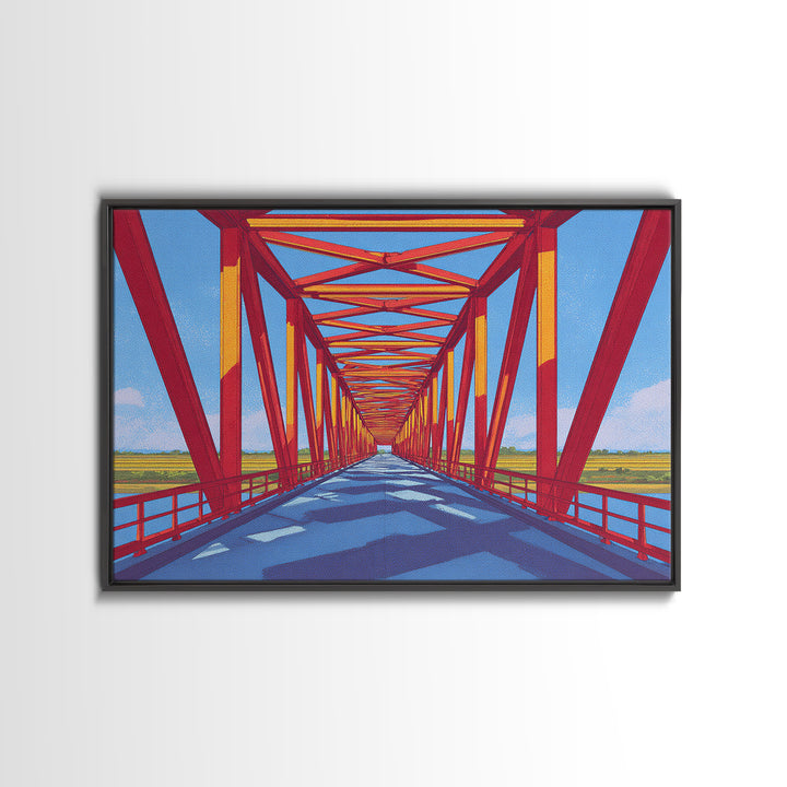 Red Truss Bridge Perspective Wall Art, Geometric Architecture Canvas Print, Bold Modern Decor, Office Poster, Travel Gift