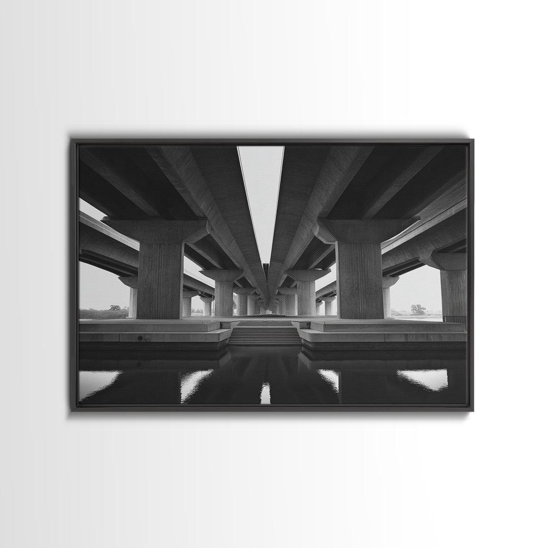 Black And White Overpass Framed Canvas Print, Urban Architecture Wall Art, Minimalist Modern Office Decor, Large Poster Gift