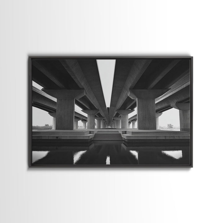 Black And White Overpass Framed Canvas Print, Urban Architecture Wall Art, Minimalist Modern Office Decor, Large Poster Gift
