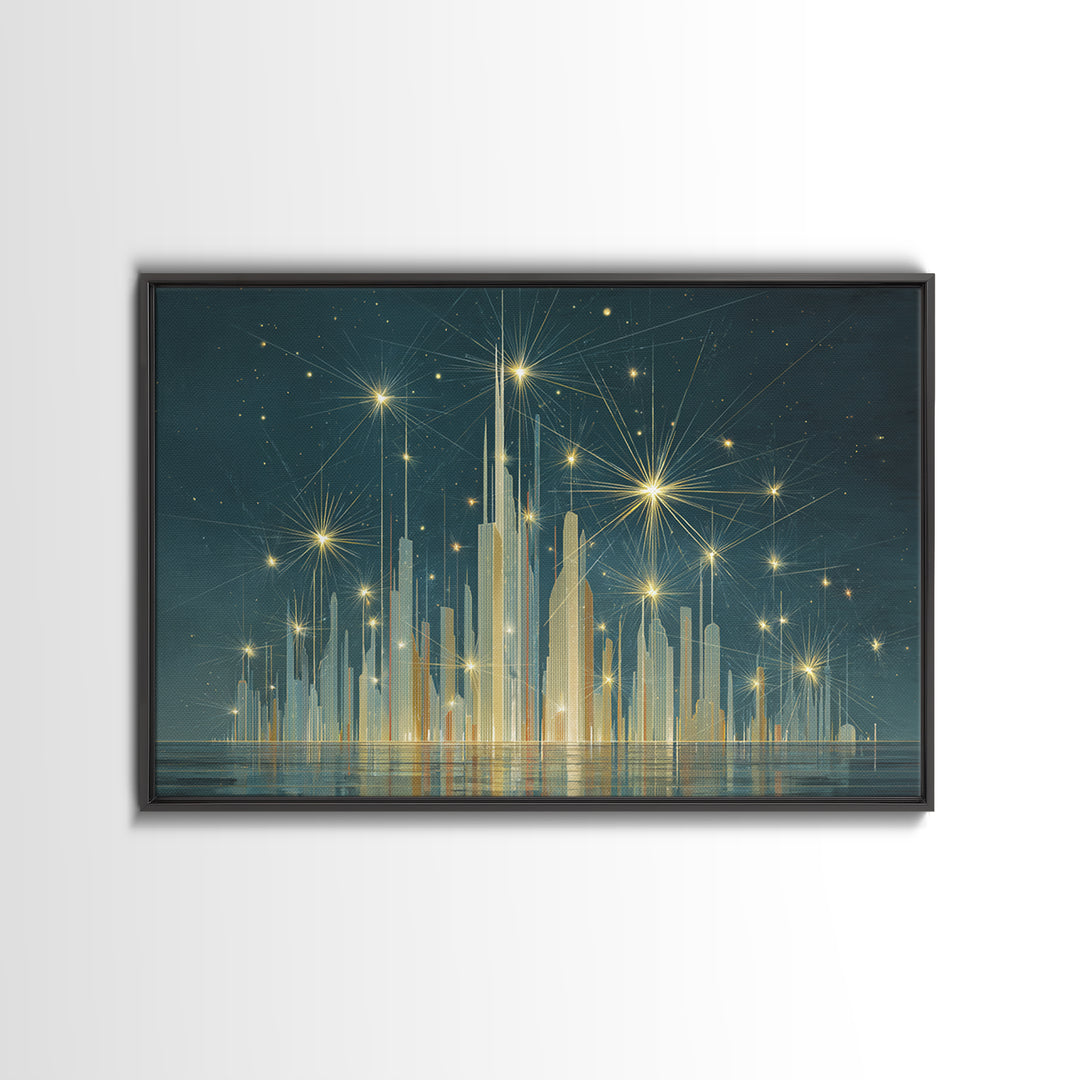 Golden Art Deco Skyline Wall Art, Firework Starburst Cityscape Canvas Print, Teal Modern Decor, Living Room Poster Gift
