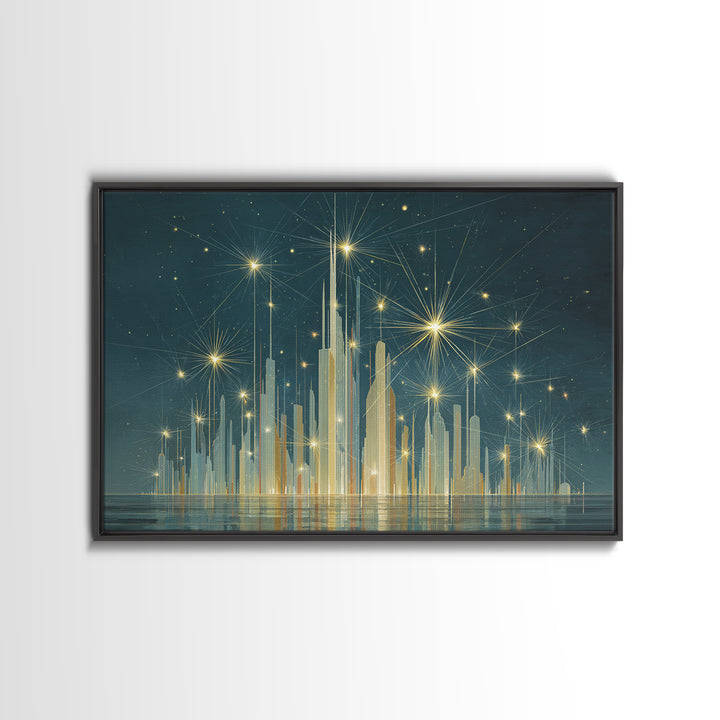 Golden Art Deco Skyline Wall Art, Firework Starburst Cityscape Canvas Print, Teal Modern Decor, Living Room Poster Gift