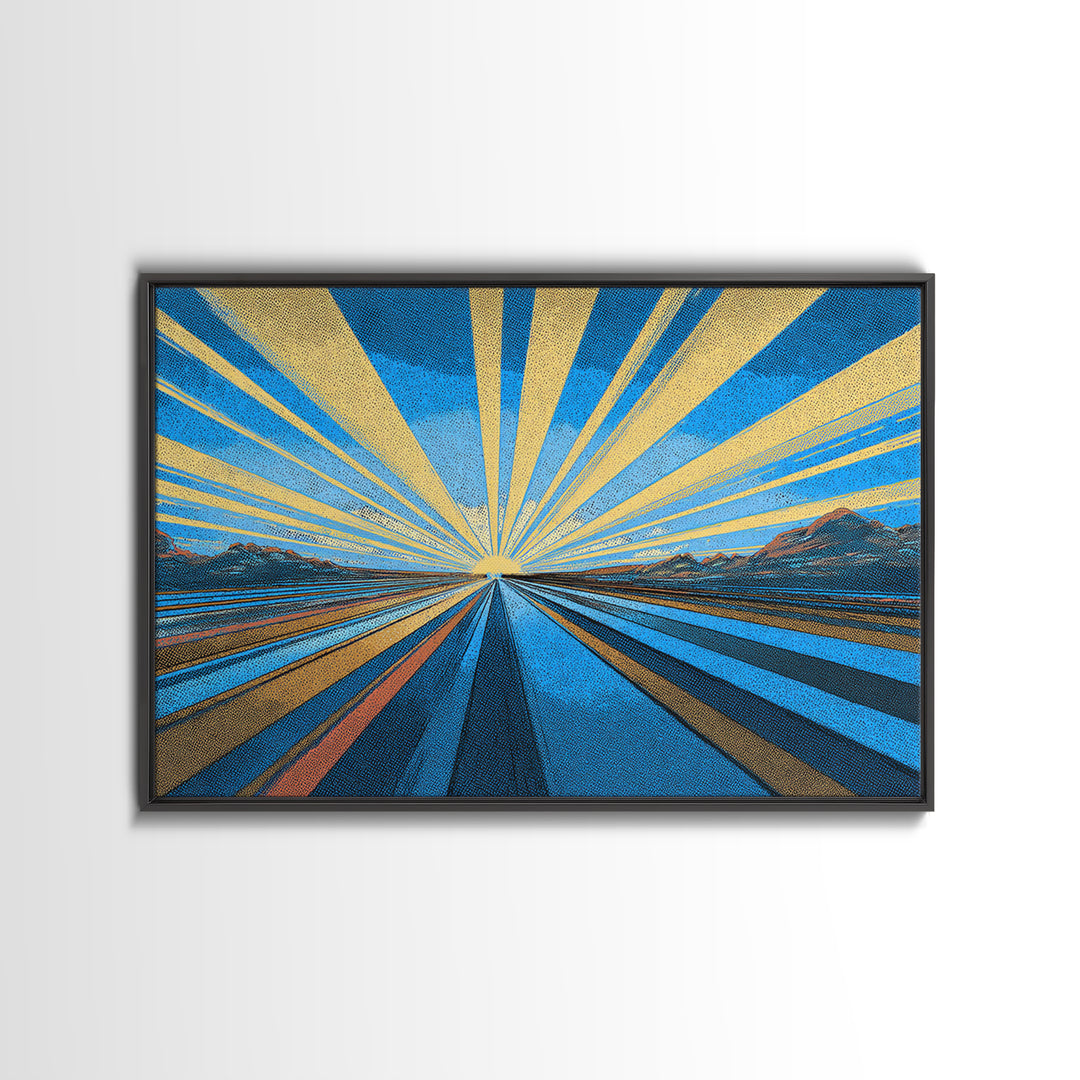 Blue Gold Sunburst Road Wall Art, Midcentury Modern Poster, Geometric Landscape Print, Retro Travel Decor, Office Decor Gift