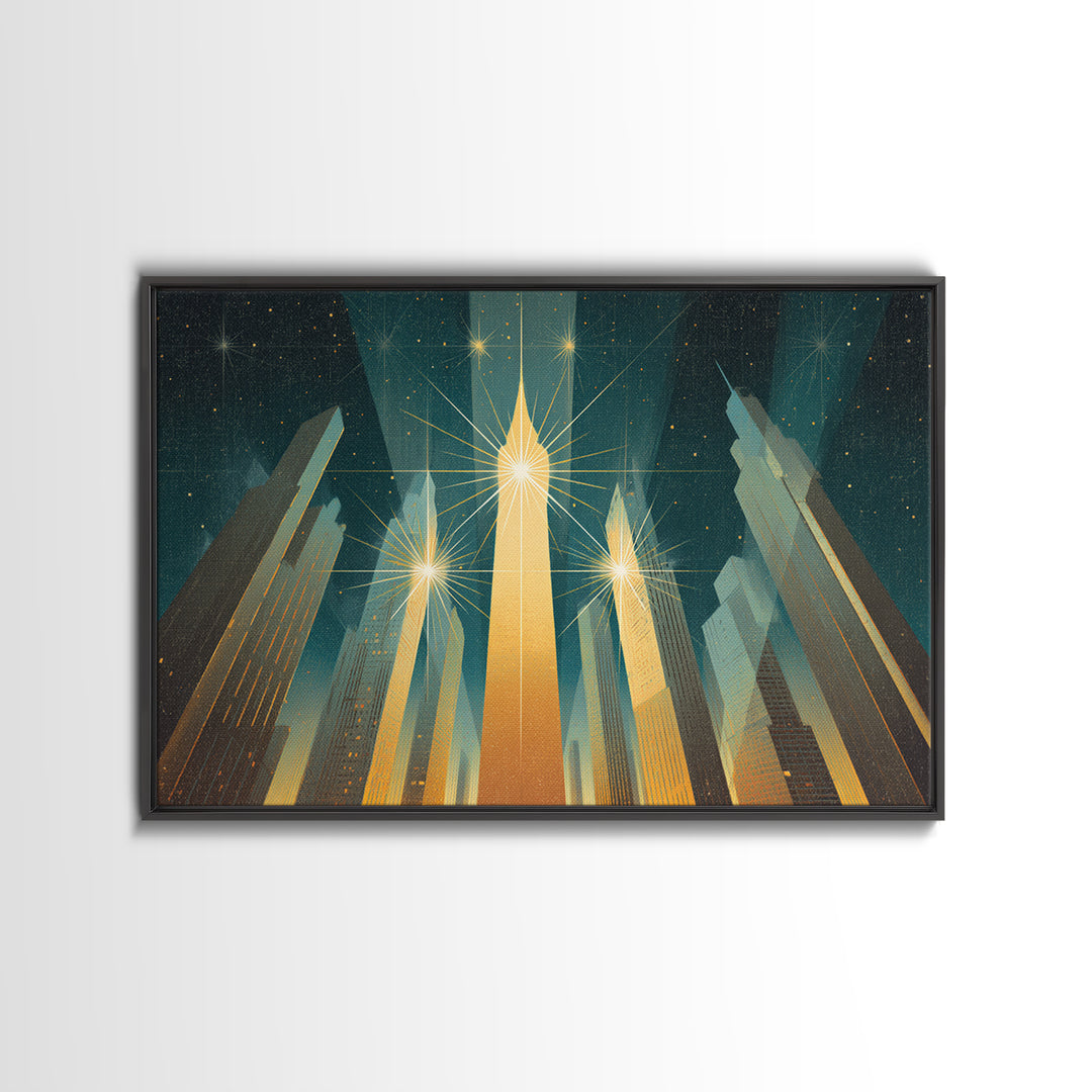 Radiant Art Deco Skyscrapers Canvas Print, Golden Starburst City Wall Art, Modern Retro Poster, Office Decor Gift Idea Print