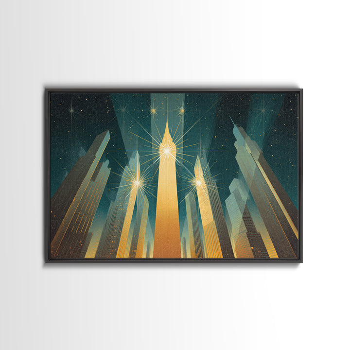 Radiant Art Deco Skyscrapers Canvas Print, Golden Starburst City Wall Art, Modern Retro Poster, Office Decor Gift Idea Print