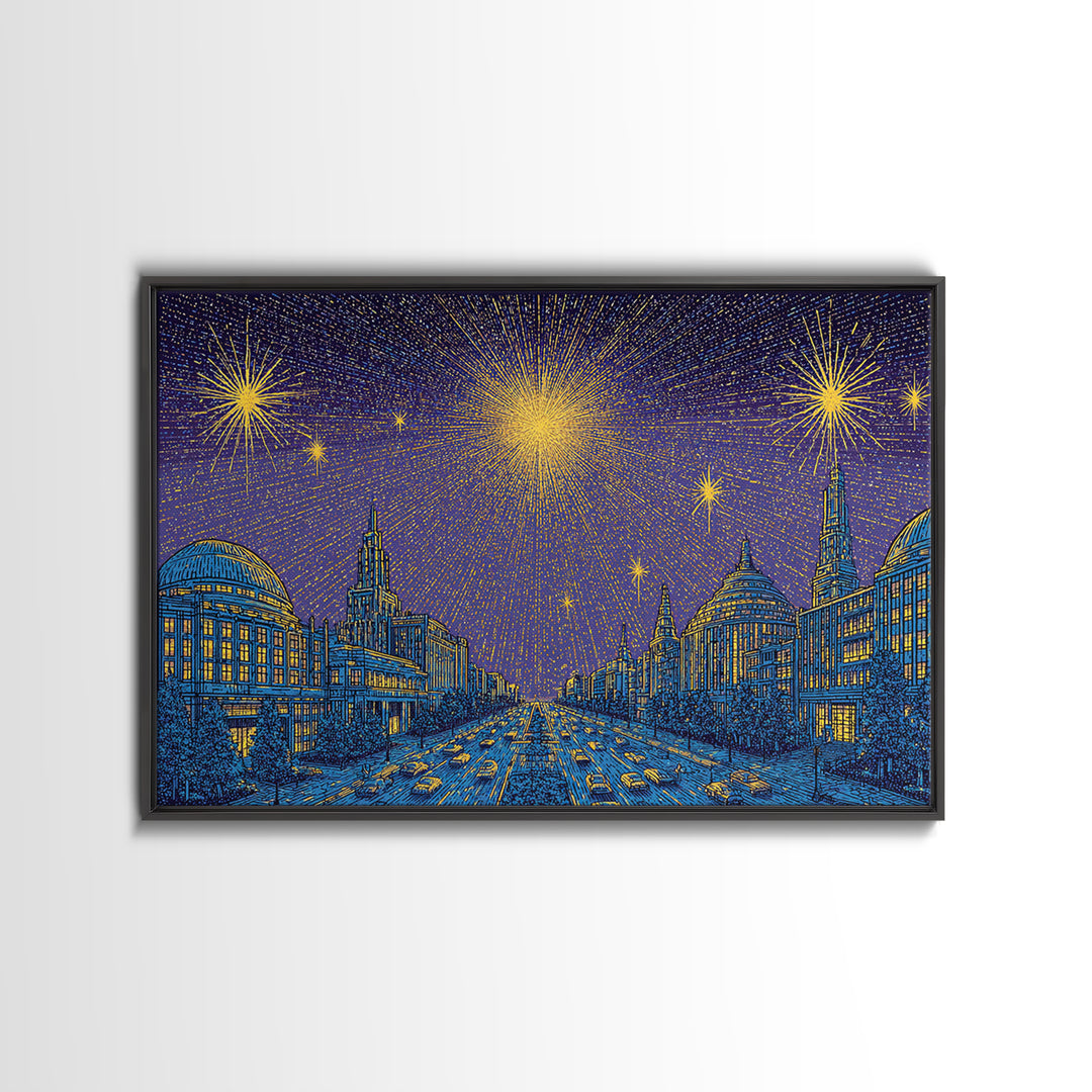 Golden Fireworks Over Retro City Skyline Wall Art, Mid Century Modern Poster, Blue Urban Landscape, Office Decor Print Gift