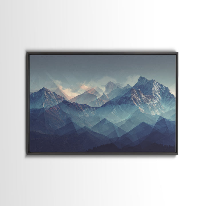Misty Blue Polygon Mountain Vista Wall Art, Modern Abstract Landscape Print, Scandinavian Modern Decor, Bedroom Art Print