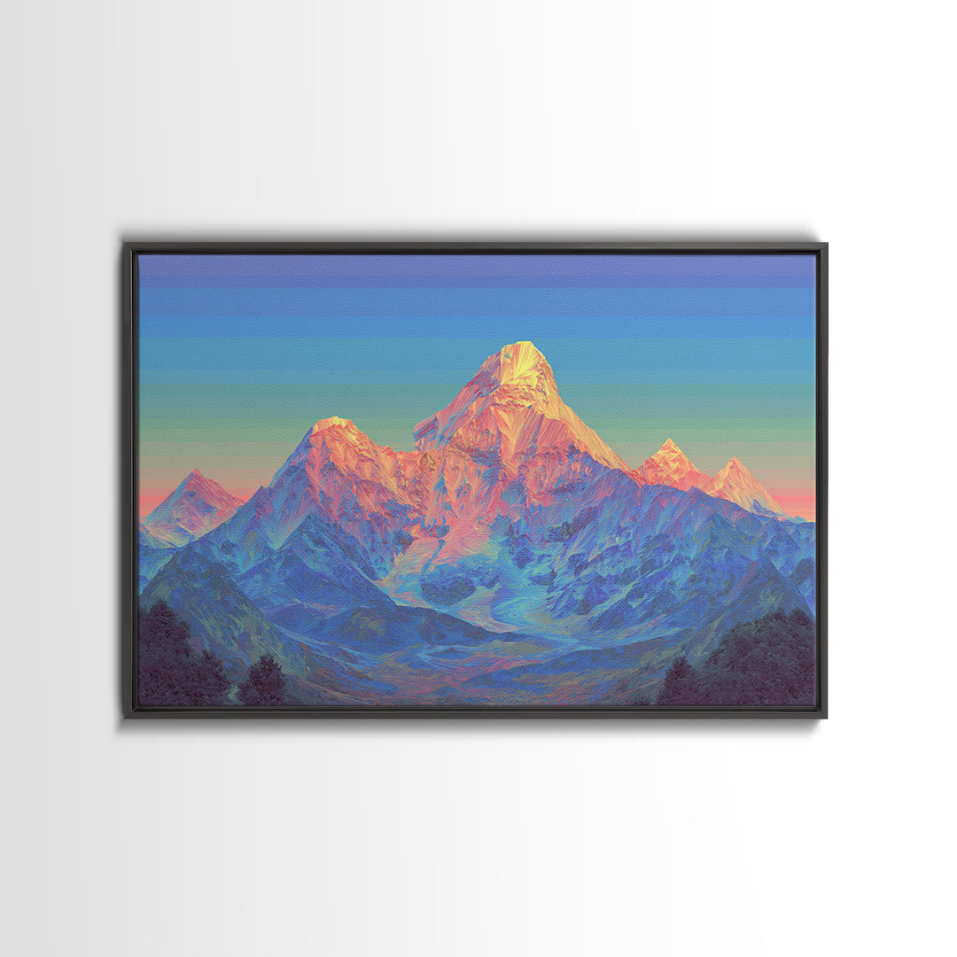Pastel Himalayan Mountain Glow Canvas Print, Colorful Mid Century Modern Wall Art, Sunrise Landscape, Living Room Decor Print