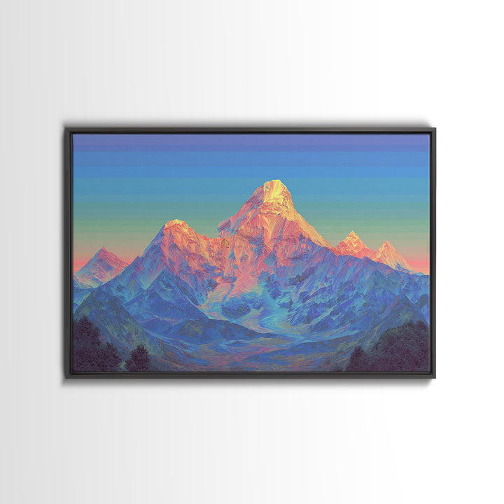 Pastel Himalayan Mountain Glow Canvas Print, Colorful Mid Century Modern Wall Art, Sunrise Landscape, Living Room Decor Print