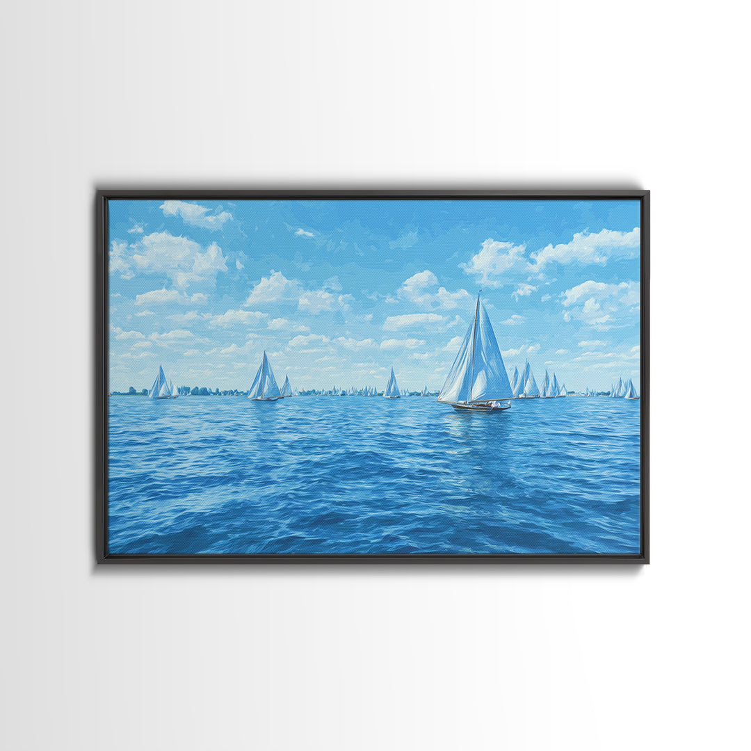 Blue Sailboats On Sparkling Summer Sea Wall Art, Coastal Modern Art Print, Nautical Decor, Beach House Living Room Poster