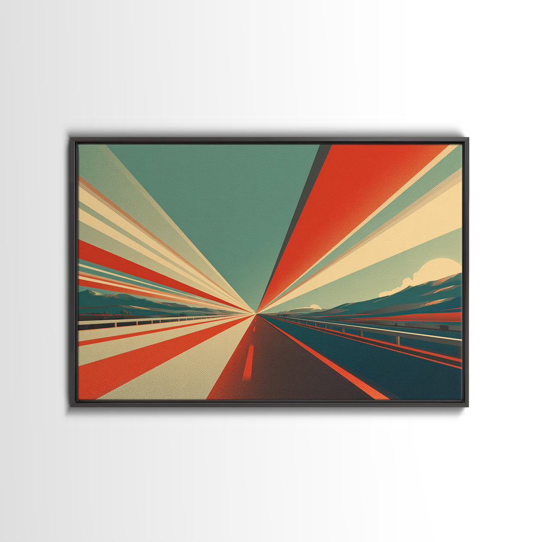 Retro Red Teal Highway Rays Canvas Print, Midcentury Modern Wall Art, Desert Road Poster, Bold Geometric Office Decor Print