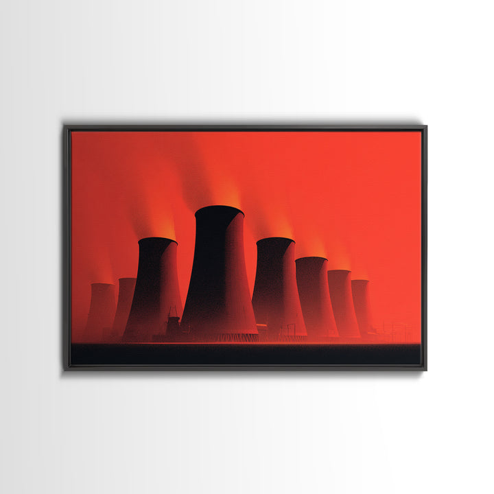 Red Nuclear Cooling Tower Silhouettes Canvas Print, Midcentury Modern Art, Retro Wall Art, Bold Orange Modern Home Decor