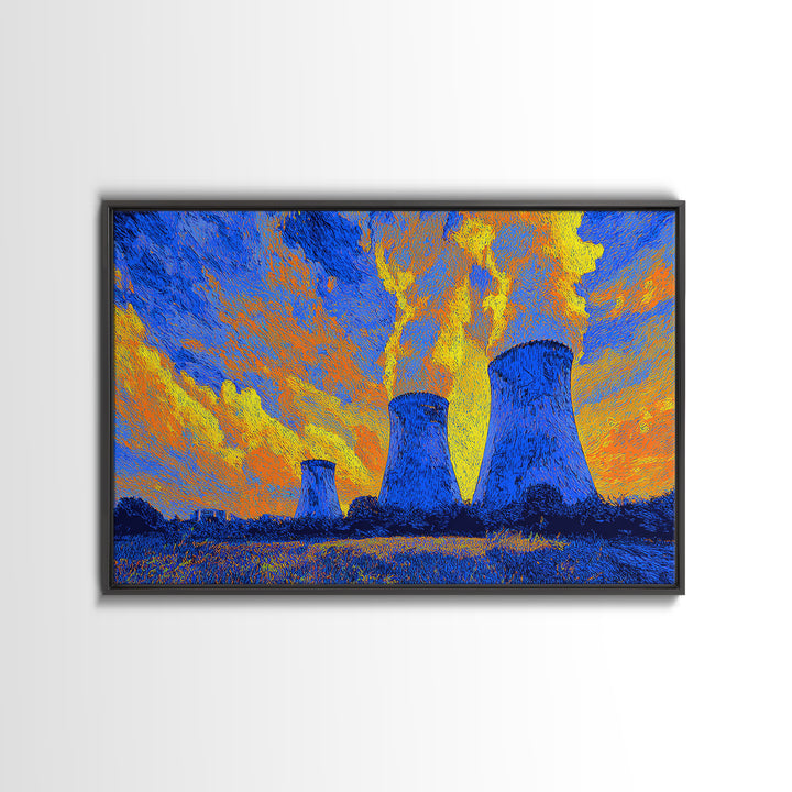 Blue Nuclear Cooling Towers Under Yellow Sky Wall Art, Bright Abstract Art, Midcentury Modern Poster, Colorful Modern Decor