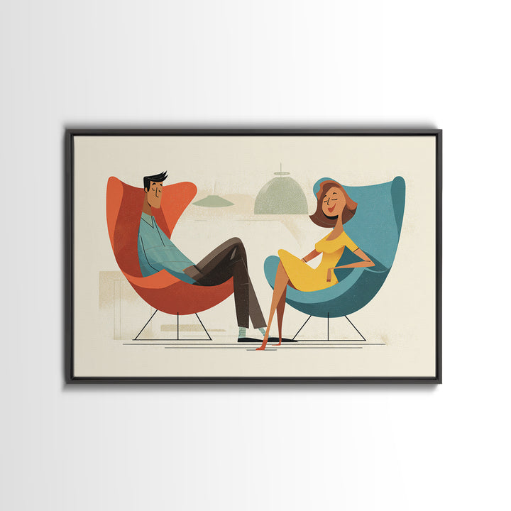 Stylish Couple In Egg Chairs Canvas Print, Midcentury Modern Art, Retro Wall Art, Atomic Lounge Decor, Colorful Home Print