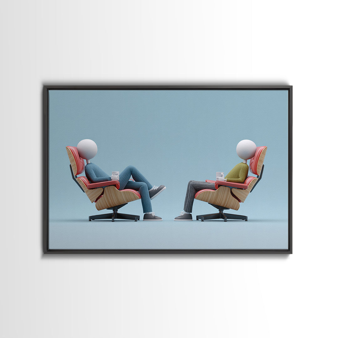 Faceless Figures In Retro Lounge Chairs Framed Canvas Print, Midcentury Modern Art, Minimalist Wall Art, Blue Office Decor