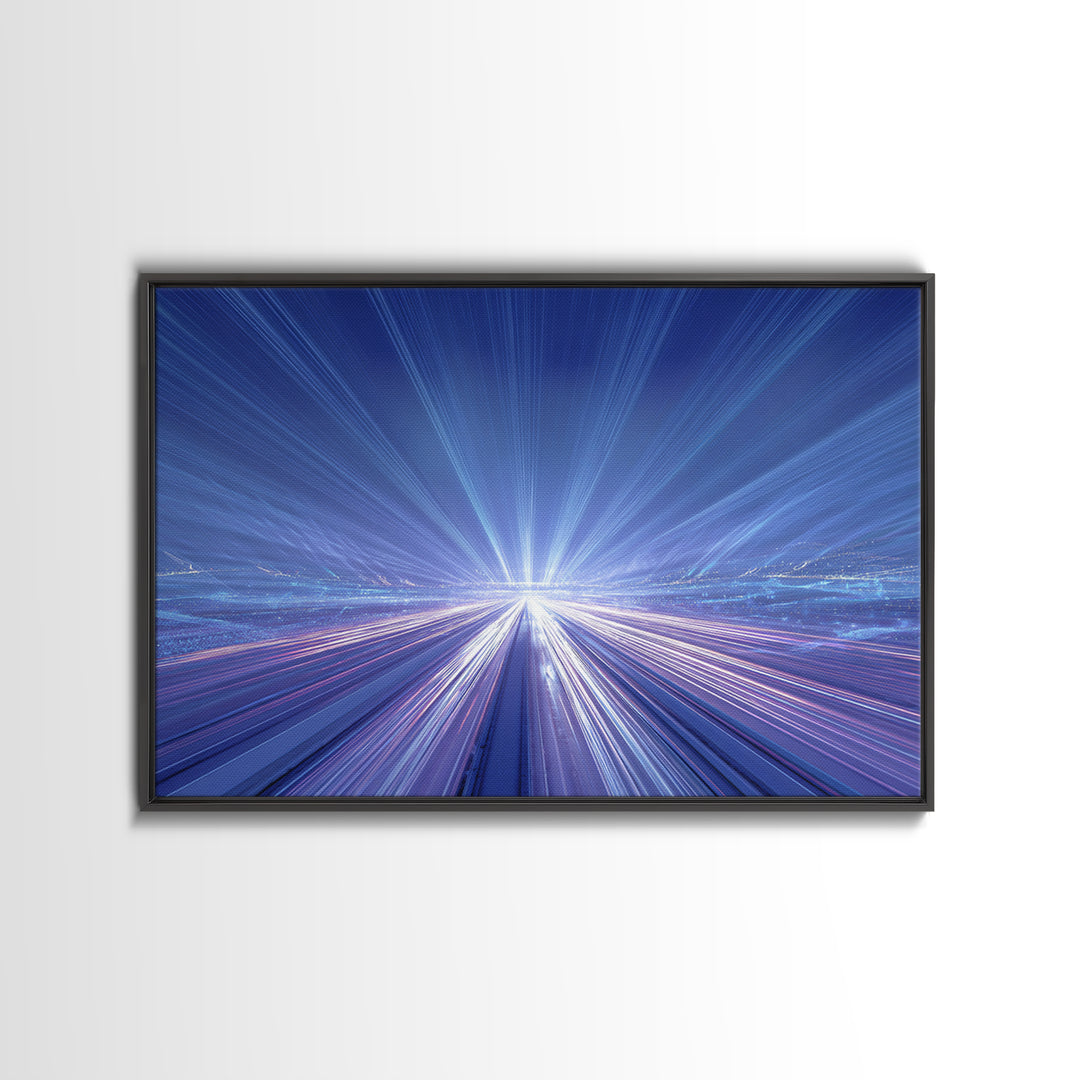 Electric Blue Light Trail Framed Canvas Print, Modern Abstract Art, Futuristic Highway Wall Decor, Sci Fi Office Poster Print