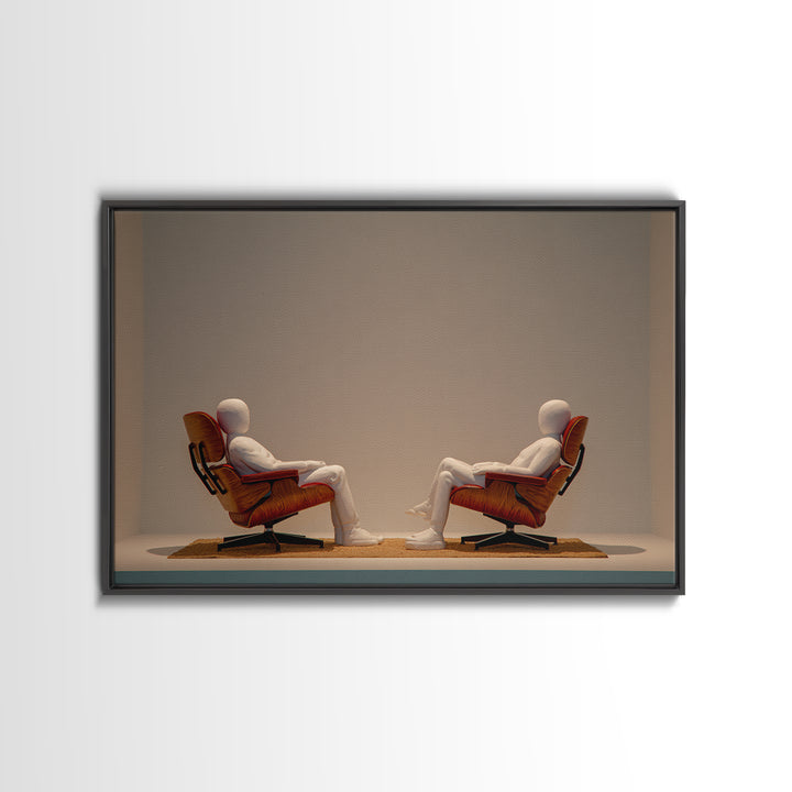 Minimal Figures Facing In Lounge Chairs Canvas Print, Midcentury Modern Art, Retro Wall Art, Neutral Modern Home Decor Print