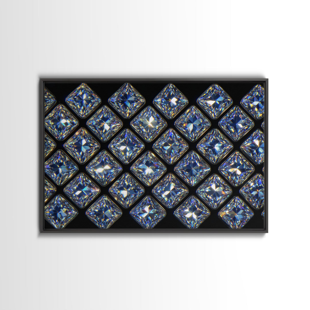 Blue Square Diamond Grid Canvas Print, Sparkling Geometric Wall Art, Modern Glam Decor, Black Luxury Poster, Gift For Her