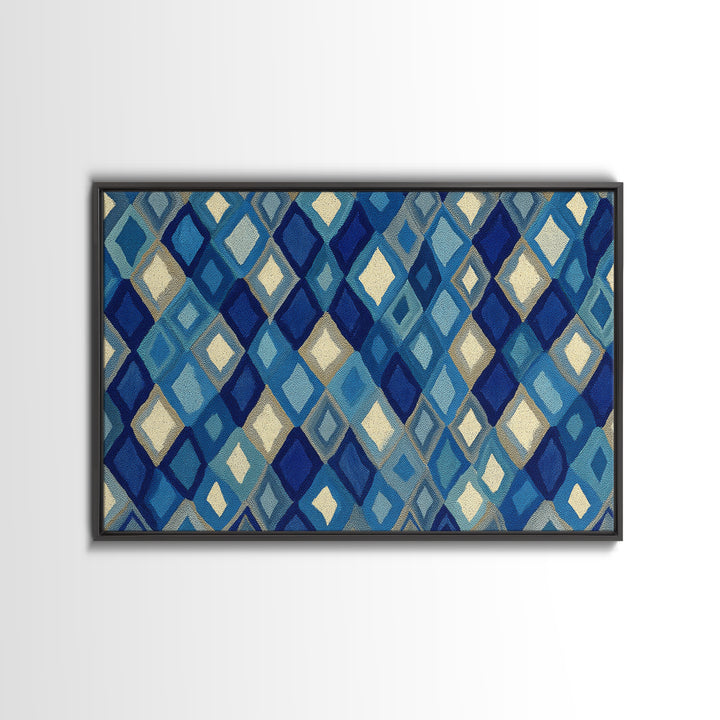 Blue Diamond Textile Pattern Wall Art, Geometric Modern Decor, Scandinavian Canvas Print, Coastal Abstract Poster For Home