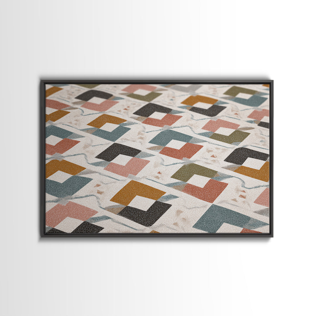 Retro Interlocking Square Pattern Wall Art, Mid Century Modern Decor, Geometric Canvas Print, Muted Color Textile Poster