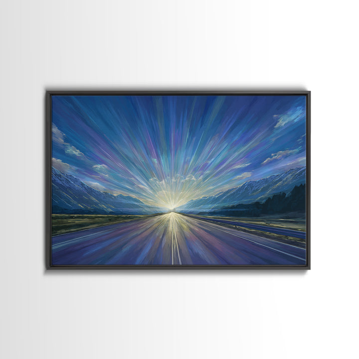 Mountain Sunrise Road Light Wall Art, Modern Landscape Print, Blue Scenic Office Decor, Contemporary Nature Home Decor Gift