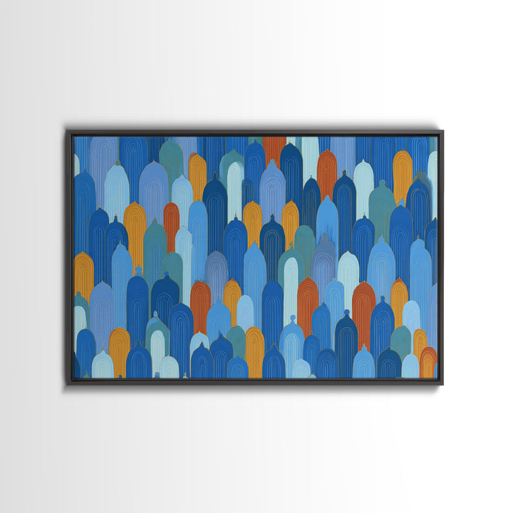 Blue Moorish Arch Pattern Canvas Print, Midcentury Modern Wall Art, Architectural Art, Geometric Poster For Living Room Decor