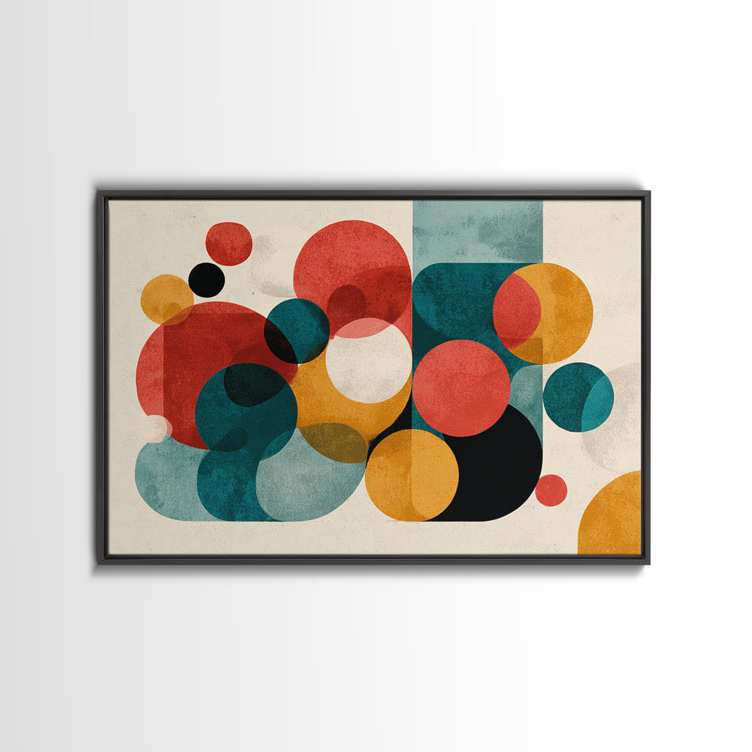 Red Teal Mustard Circle Wall Art, Midcentury Abstract Canvas Print, Geometric Shapes Art, Modern Home Decor, Office Decor