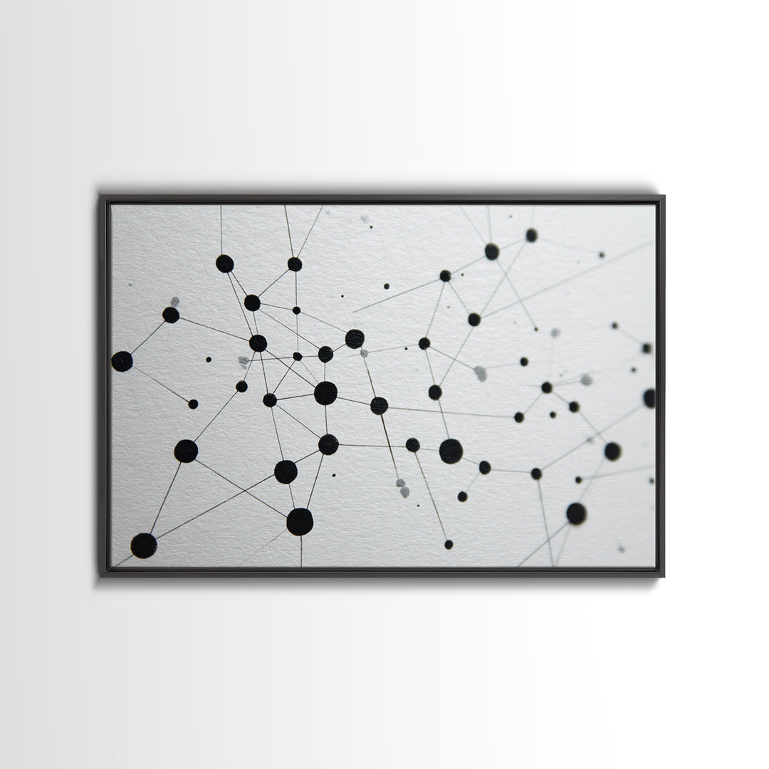 Black Molecular Network Canvas Print, Minimalist Geometric Wall Art, Modern Abstract Art, Science Office Decor, Monochrome Poster