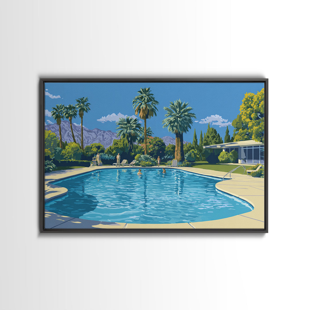 Palm Springs Swimming Pool Framed Canvas Print, Mid Century Modern Wall Art, California Travel Poster, Retro Home Decor Print