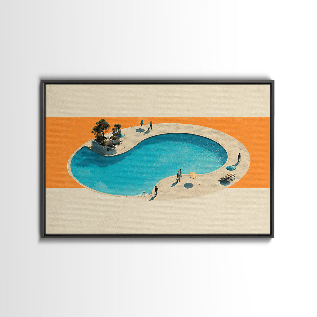 Aerial Kidney Pool With Orange Field Wall Art, Mid Century Modern Canvas Print, Minimalist Retro Home Decor, Pool Poster