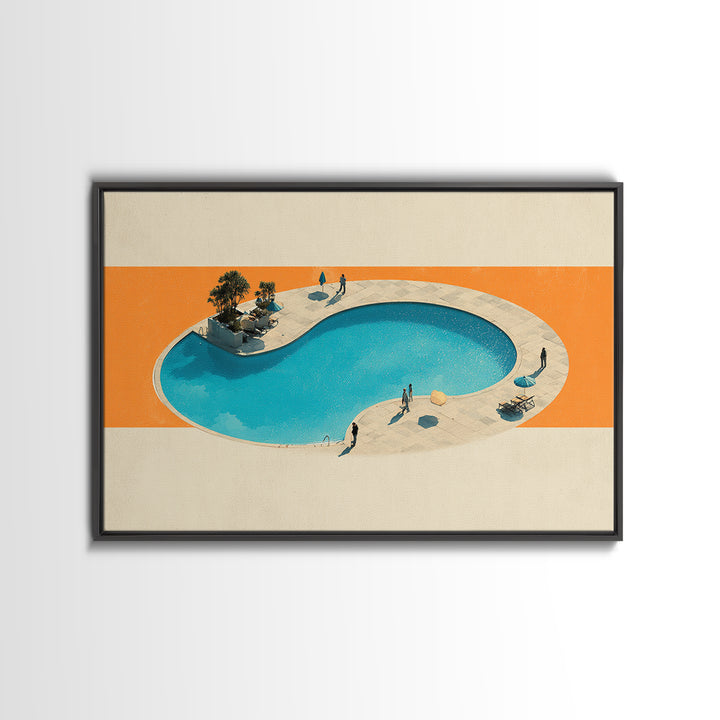 Aerial Kidney Pool With Orange Field Wall Art, Mid Century Modern Canvas Print, Minimalist Retro Home Decor, Pool Poster