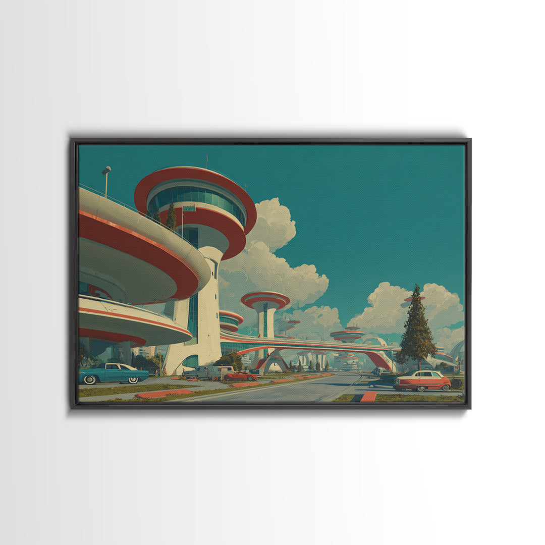 Futuristic Atomic City With Flying Saucer Framed Canvas Print, Mid Century Modern Wall Art, Retro Sci Fi Poster Decor Print