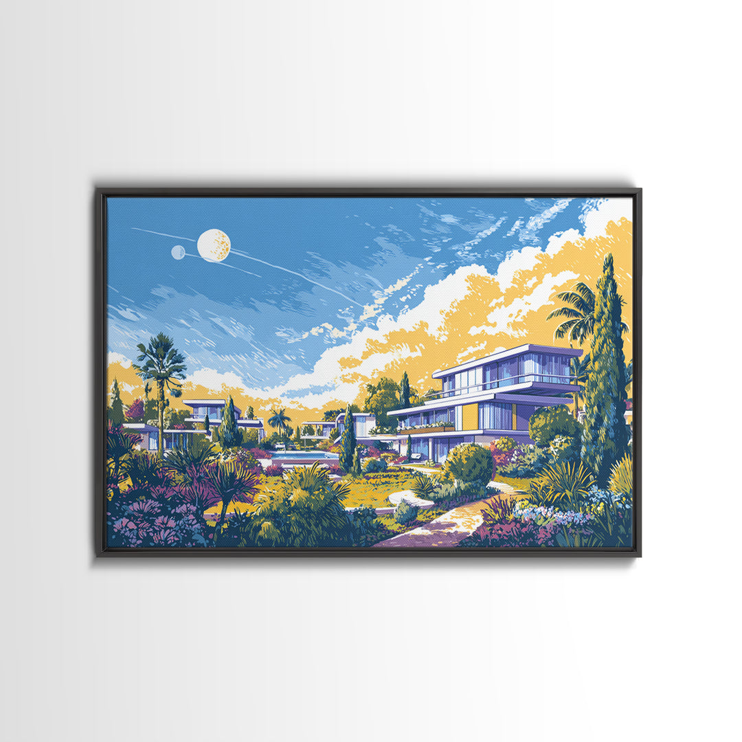 Modernist Garden Homes And Celestial Sky Canvas Print, Mid Century Modern Wall Art, Architectural Landscape Home Decor Poster