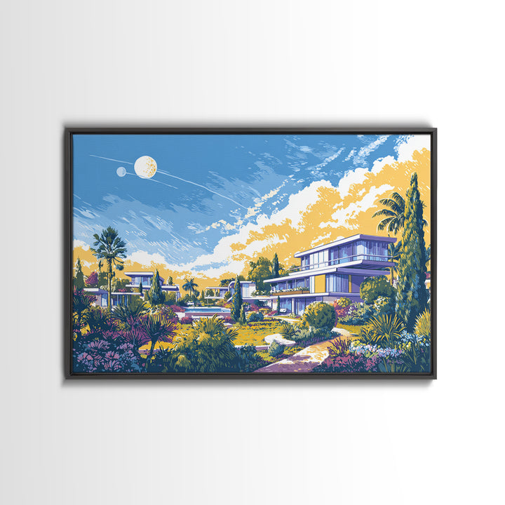 Modernist Garden Homes And Celestial Sky Canvas Print, Mid Century Modern Wall Art, Architectural Landscape Home Decor Poster