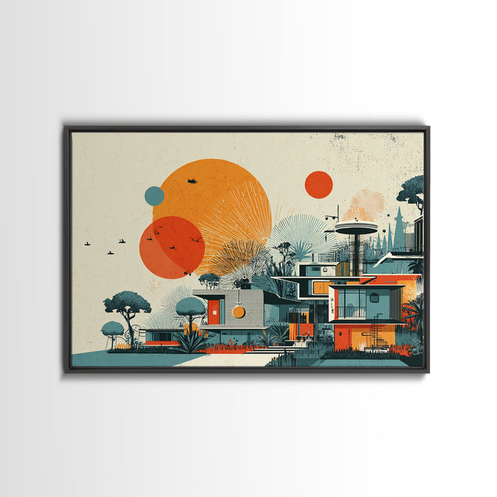 Orange Sun Modernist House And Birds Wall Art, Mid Century Modern Canvas Print, Atomic Desert Architecture Decor Poster Print