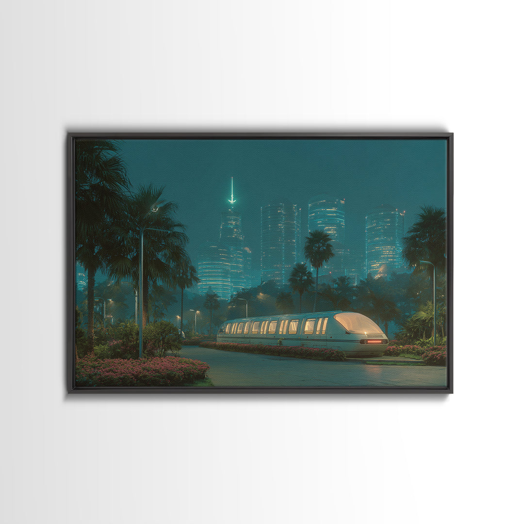 Neon Palm Monorail Futuristic Night City Wall Art, Retro Sci Fi Skyline, Teal Urban Decor, Modern Digital Art Print, For Living Room