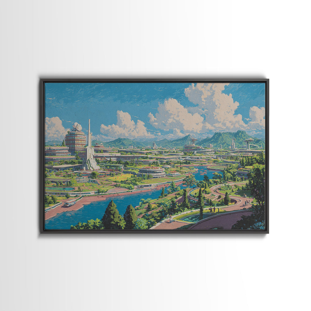 Sunny Retro Future Garden City Canvas Print, Utopian River Skyline, Mountain Landscape, Midcentury Modern Wall Decor Print