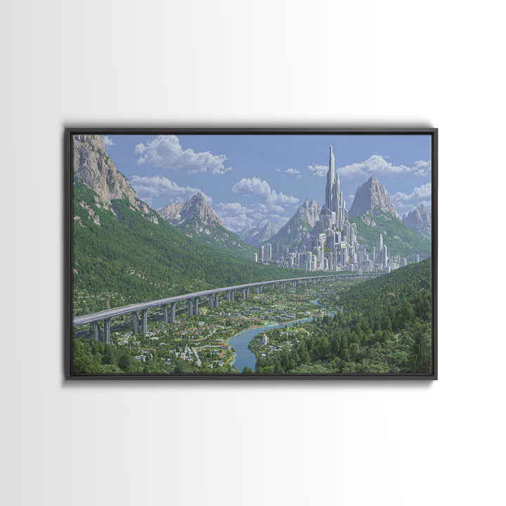 Silver Alpine Megacity And Elevated Rail Wall Art, Futuristic Mountain Landscape, Modern Sci Fi Cityscape Home Decor Print
