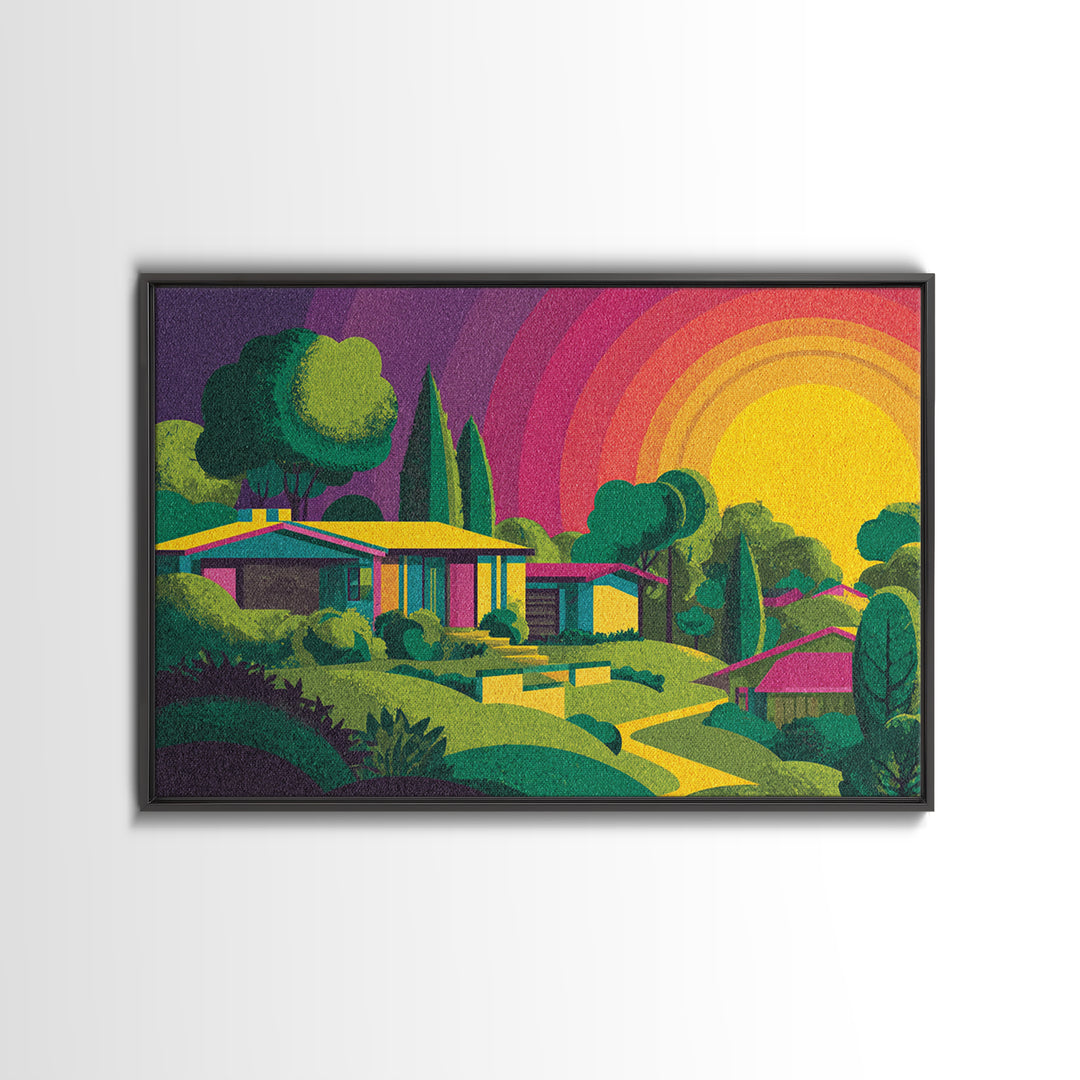 Colorful Midcentury Hillside Home Sunset Wall Art, Retro Palm Springs Decor, MCM Architecture Print, Groovy 70s Art Poster