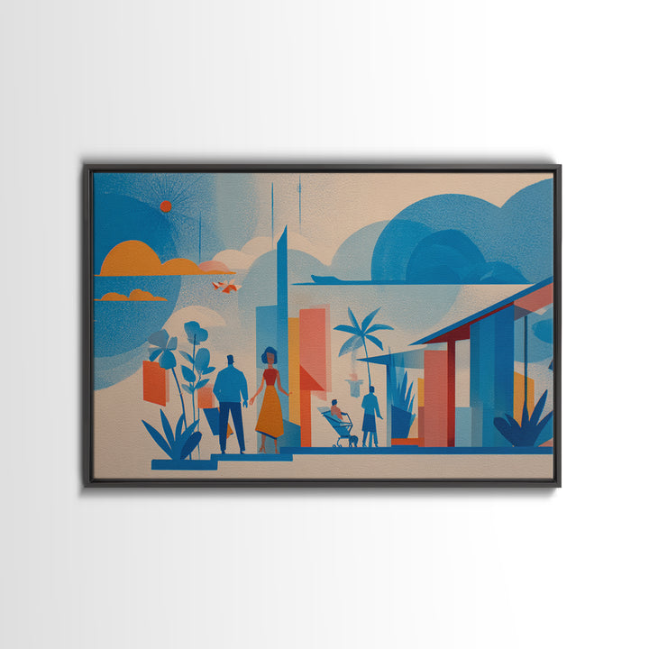 Pastel Family At Modernist Home Framed Canvas Print, Midcentury Wall Art, Scandinavian Blue Decor, Nursery Room Art Poster