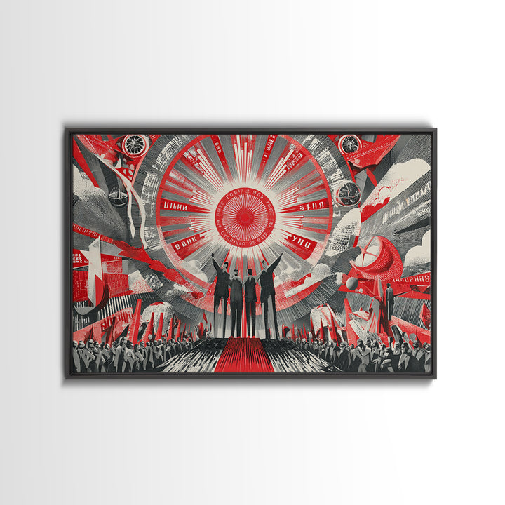 Red Futurist Rally With Rockets And Crowd Wall Art, Soviet Style Space Poster, Retro Sci Fi Propaganda Canvas Print Decor