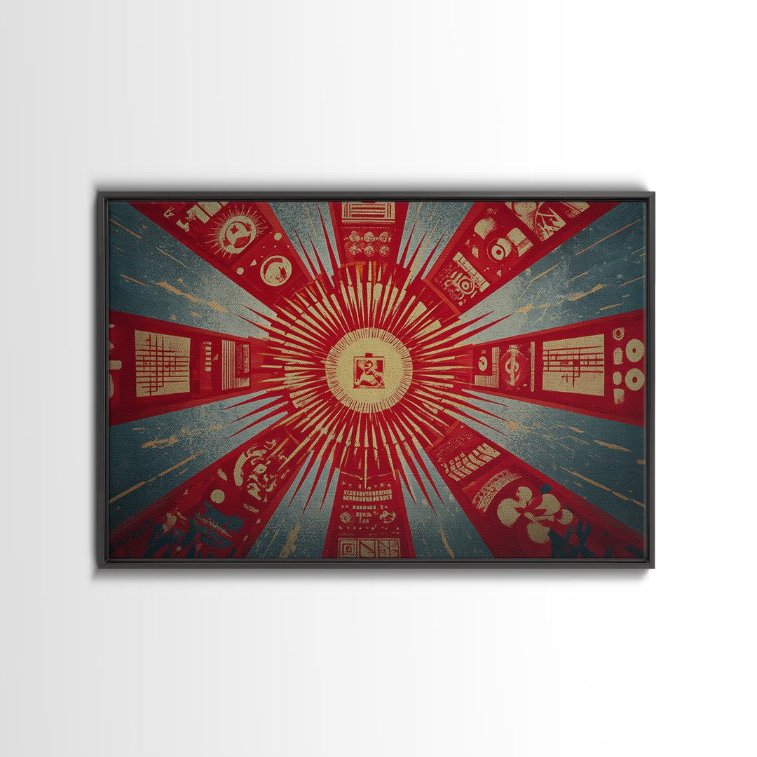 Radial Soviet Science Panels And Red Star Wall Art, Retro Futurist Propaganda Poster, Modern Geometric Canvas Print Decor