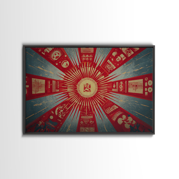 Radial Soviet Science Panels And Red Star Wall Art, Retro Futurist Propaganda Poster, Modern Geometric Canvas Print Decor