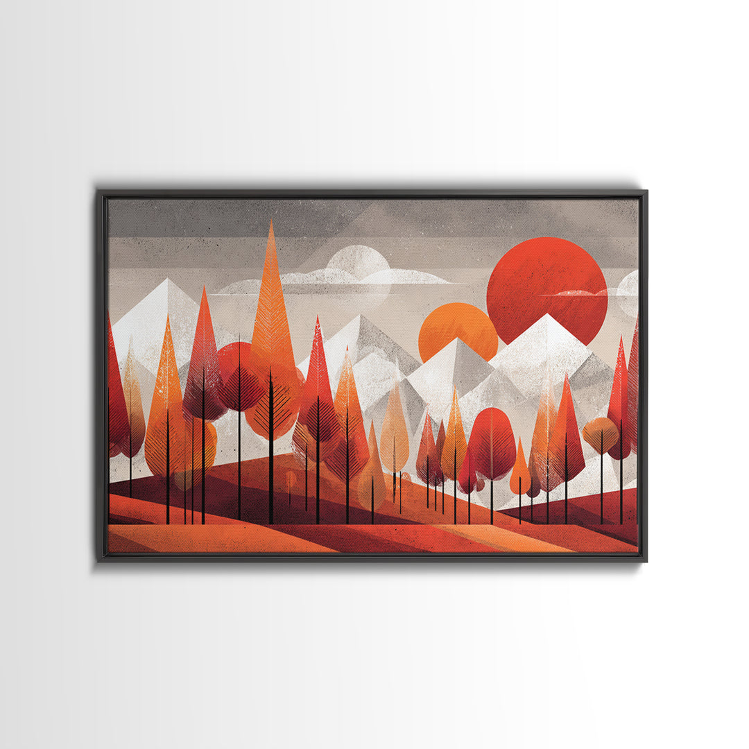 Orange Geometric Forest Mountains Canvas Print, Midcentury Modern Wall Art, Retro Landscape Decor, Bold MCM Home Decor Poster