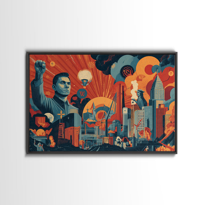 Heroic Retro Futurist Industrial City Wall Art, Midcentury Modern Poster, Bold Orange Teal Sci Fi Canvas Print Office Decor