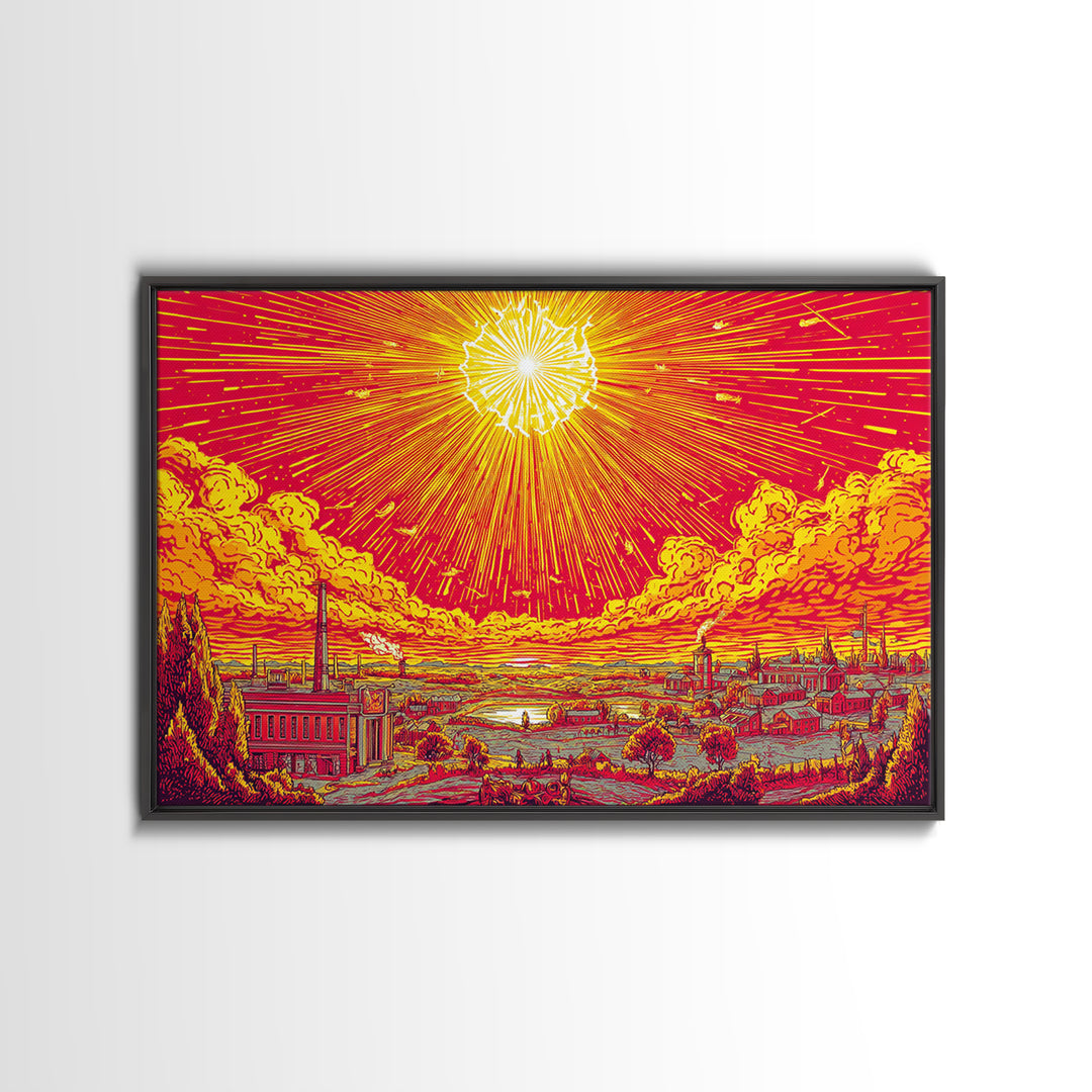 Radiant Industrial Sunburst City Wall Art, Retro Futurism Poster, Midcentury Modern Art, Atomic MCM Decor, Orange Print Gift