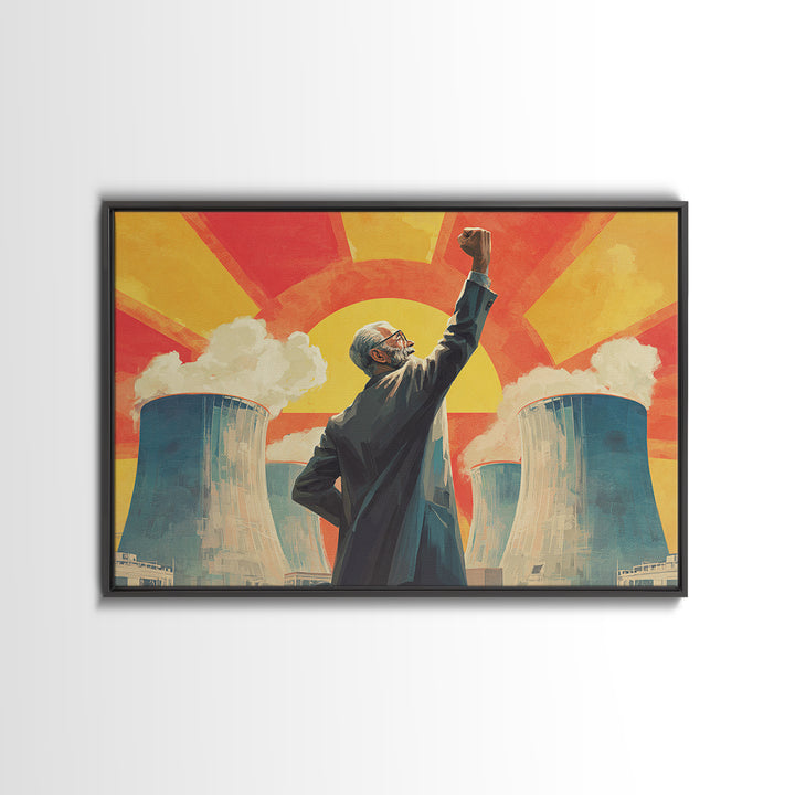 Nuclear Cooling Tower Leader Framed Canvas Print, Retro Political Poster, Midcentury Modern Wall Decor, Atomic Science Art