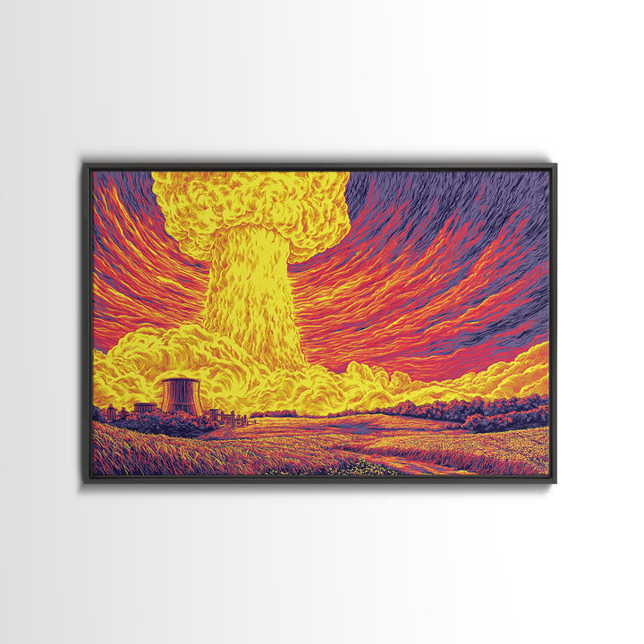 Fiery Atomic Mushroom Cloud Canvas Print, Nuclear Landscape Poster, Retro Sci Fi Wall Decor, Midcentury Modern Art Print