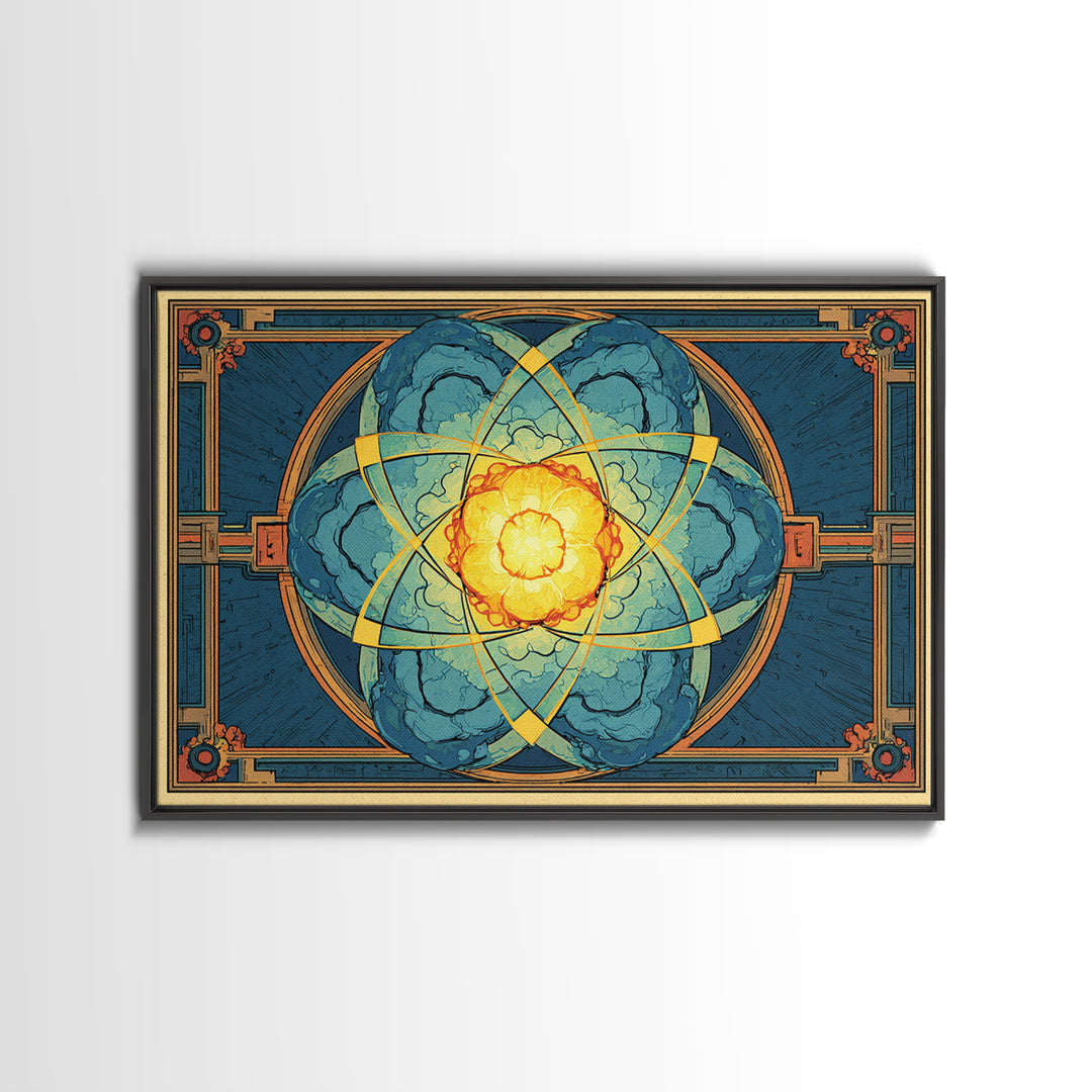 Ornate Atomic Explosion Framed Canvas Print, Art Deco Science Poster, Geometric Wall Art Decor, Midcentury Modern Print Gift