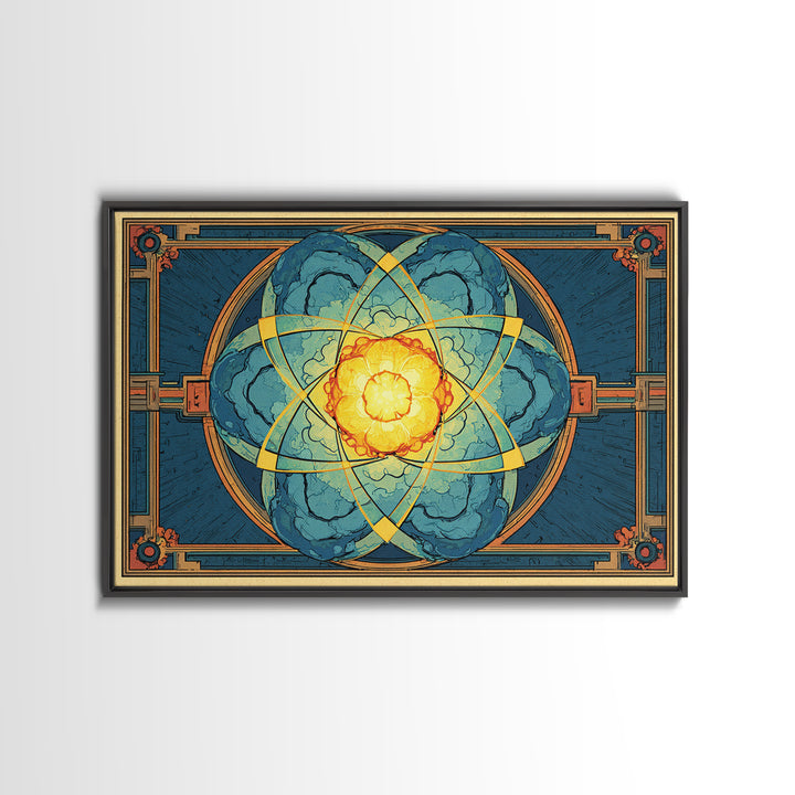 Ornate Atomic Explosion Framed Canvas Print, Art Deco Science Poster, Geometric Wall Art Decor, Midcentury Modern Print Gift